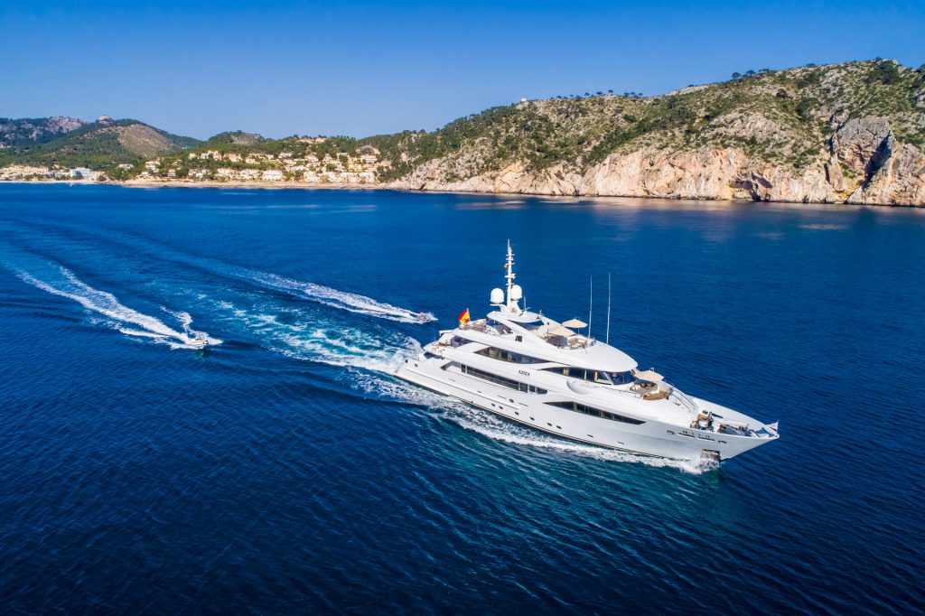 M/Y Aziza Superyacht Aerial with Tender Mallorca Photography Yacht Photographer Multicopter Yacht Photography Mallorca Ibiza Spain Drone